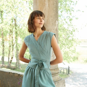 Amelia teal top - Wrap top - Wrap linen top - Linen top - Sleeveless wrap top - Linen shirt