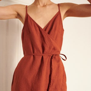 Ruby terracotta dress Spaghetti strap linen dress Linen dress Wrap linen dress image 1