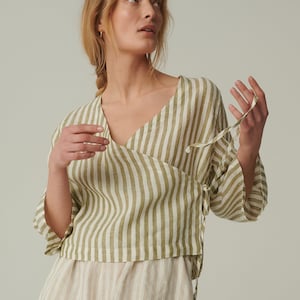 Ready to ship - Georgia olive stripes linen top - Wrap top - Wrap linen top - Linen top - Linen shirt