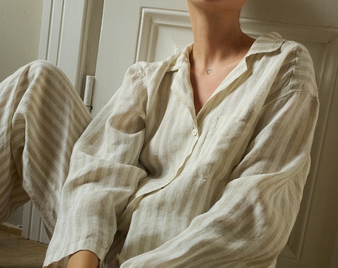 Pyjama shirt - Long sleeve shirt - Striped shirt - Pyjama - Nightwear - Natural Grey Stripes - Pajama shirt -Sleepwear - Lightweight linen