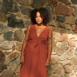 Nuria terracotta wrap linen dress - Long wrap linen dress - Midi wrap linen dress - Deep side slits linen dress