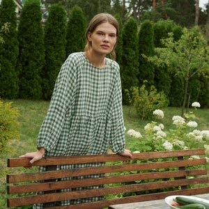 Margo groene gingham linnen jurk - linnen jurk - herfst linnen jurk - lange linnen jurk