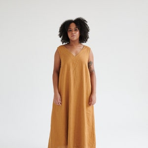 Rue camel dress - Deep V neck dress - Linen dress - Long linen dress
