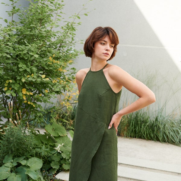 Mira forest green dress - Spaghetti strap linen dress- Linen dress - Long linen dress