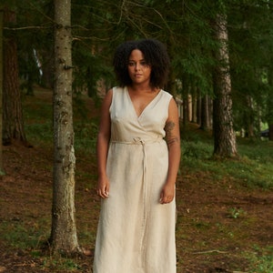 Nuria beige wrap linen dress - Long wrap linen dress - Midi wrap linen dress - Deep side slits linen dress