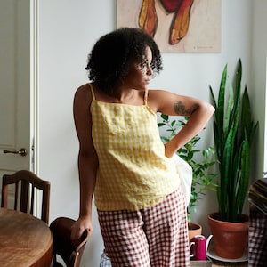 Stella yellow gingham top - Linen top - Linen blouse - Linen basic top - Spaghetti straps top