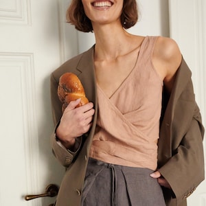 Ready to ship - Soja dusty peach wrap top - Wrap top - Crop top - Linen wrap blouse
