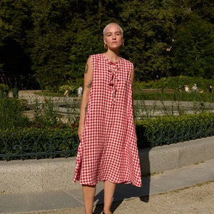 Cara red gingham dress - Sleeveless dress - Linen dress - Oversized dress -Summer dress - Midi dress - Straight-cut - Gingham linen