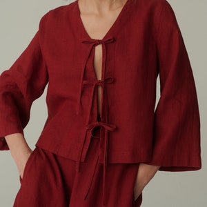 Marina burgundy red linen top - Tie up front top - Linen blouse - Loose linen blouse - Long sleeved top - Linen top - Tie up top