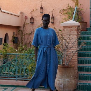 Athiec stellar blue oversized linen dress - Snap button linen dress - Summer linen dress - Linen tunic dress - Maxi linen dress -