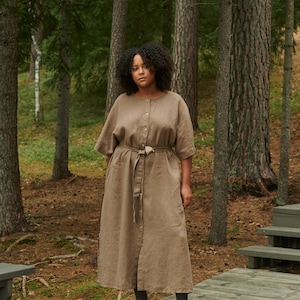 Athiec cacao oversized linen dress - Snap button linen dress - Summer linen dress - Linen tunic dress - Maxi linen dress -