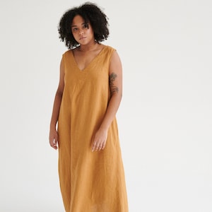 Rue camel dress - Deep V neck dress - Linen dress - Long linen dress