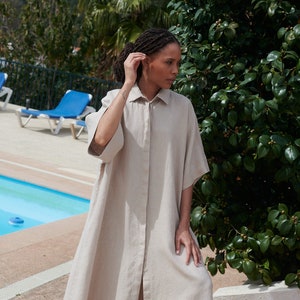 Annika beige linen dress - Oversized dress - Snap button linen dress - Maxi linen dress - Button down dress - Shirt dress