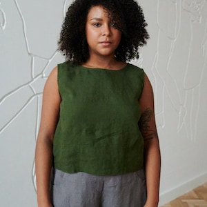 Crop forest green top - Basic linen top - Linen tank top - Linen blouse - Soft linen clothing - Washed linen top