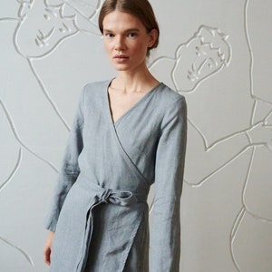 Rosemary grey linen wool blend dress - Wrap linen dress - Winter linen wool dress - Wool dress