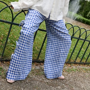 Uma Blue Gingham Linen Trousers - Linen Pants - Straight Cut