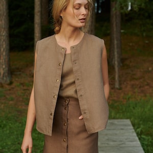 Rudy heavy linen cacao vest - Heavy linen vest - Linen gilet - Linen vest - Washed linen vest - Minimal gilet