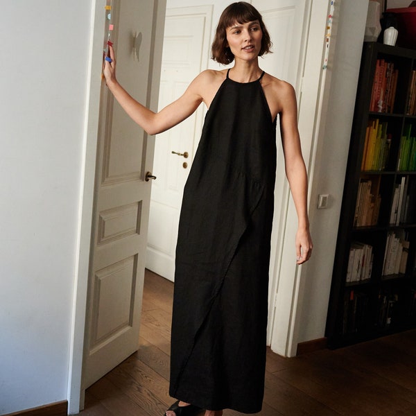 Mira black dress - Spaghetti strap linen dress- Linen dress - Long linen dress