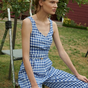 Soja blue gingham linen wrap top - Wrap top - Crop top - Linen wrap blouse - Gingham linen