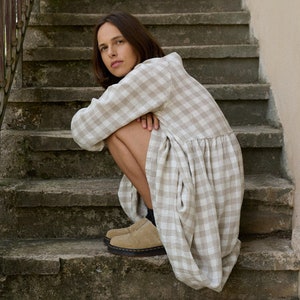 Ready to ship - Margo natural grey gingham linen dress - Linen dress - Long linen dress - Fall linen dress - Maxi linen dress