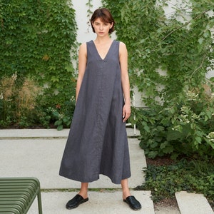 Rue platinum grey dress - Deep V neck dress - Linen dress - Long linen dress