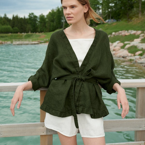 Veste en lin gaufré vert forêt René - Veste en lin moyen - Manteau en lin - Manteau en lin lavé - Cardigan en lin