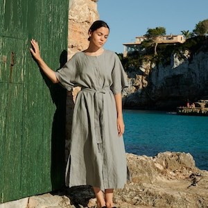 Athiec neutral grey oversized linen dress - Snap button linen dress - Summer linen dress - Linen tunic dress - Maxi linen dress -