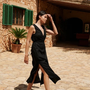 Nuria black linen dress - Long wrap linen dress - Midi wrap linen dress - Deep side slits linen dress