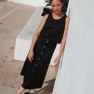 Maricela black linen skirt - Long linen skirt - Linen snap button skirt - Button skirt - Summer skirt - Linen skirt -Long skirt