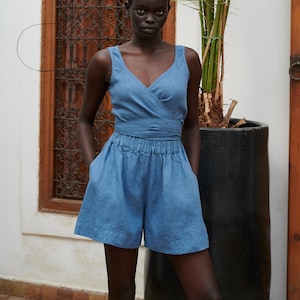 Kim stellar blue linen shorts - Wide linen shorts - Summer linen shorts - Beach linen