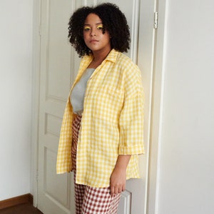 Kay yellow gingham shirt - Linen shirt - Drop shoulder shirt - Oversized linen shirt - Washed linen clothes