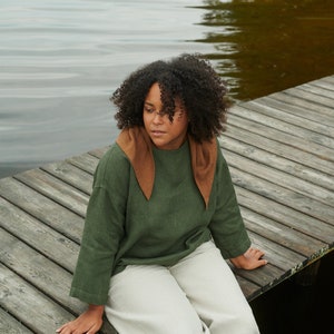 Harper green linen wool blend tunic - Linen blouse - Wool blouse - Wool tunic - Linen shirt - Linen top
