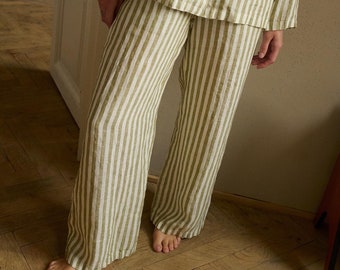 Pyjama trousers - Striped linen trousers - Pyjama - Nightwear - Olive Stripes - Stripes - Sleepwear