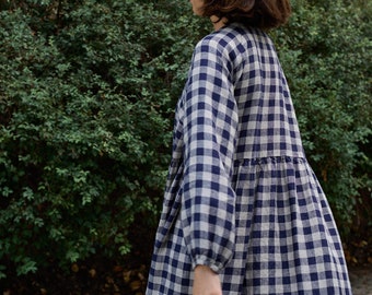 Listo para enviar - Vestido de lino vichy azul marino Margo - Vestido de lino - Vestido de lino de otoño - Vestido largo de lino - Vestido maxi