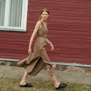 Nuria cacao linen wrap linen dress - Long wrap linen dress - Midi wrap linen dress - Deep side slits linen dress