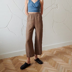Ready to ship - Ocean cacao waffle trousers - Washed linen trousers - Linen pants - Wide linen trousers