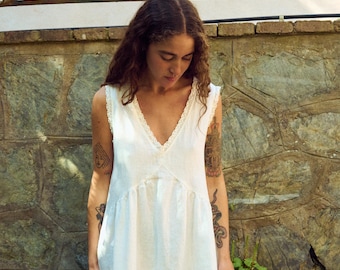 Ona White Linen Midi Dress with Lace Trim - V-Neck Lace Dress - Milky White Sleeveless Dress - Summer Dress - Oversized Lace Linen Dress