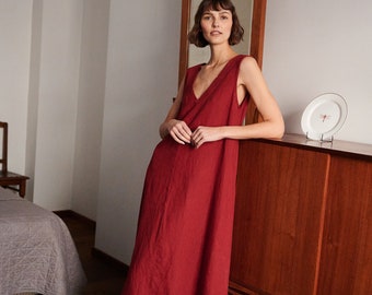 Rue burgundy red dress - Deep V neck dress - Linen dress - Long linen dress