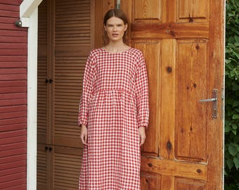 Margo red gingham linen dress - Linen dress - Fall linen dress - Long linen dress