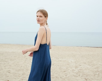 Kristi navy blue dress - Spaghetti strap linen dress- Linen dress - Long linen dress