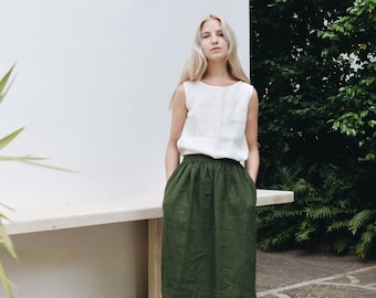 May forest green skirt - Midi linen skirt - Simple linen skirt - High waist linen skirt - Soft linen skirt - Washed linen skirt