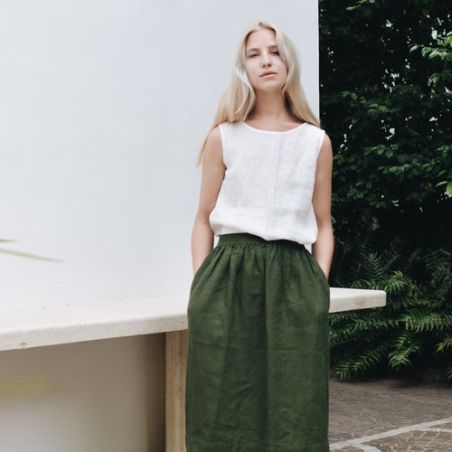 May Forest Green Skirt Midi Linen Skirt Simple Linen Skirt | Etsy