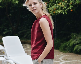 Luna burgundy red top - Simple linen top - Linen tank top - Linen blouse - Basic linen top - Soft linen clothing - Washed linen top