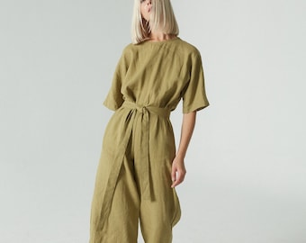 Olivia olijf jumpsuit - Linnen jumpsuit - Oversized jumpsuit - Linnen romper - Vrouwen linnen kleding - Linnen overall - Wijde been jumpsuit