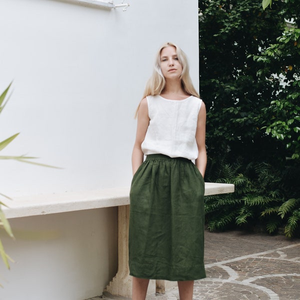 May forest green skirt - Midi linen skirt - Simple linen skirt - High waist linen skirt - Soft linen skirt - Washed linen skirt