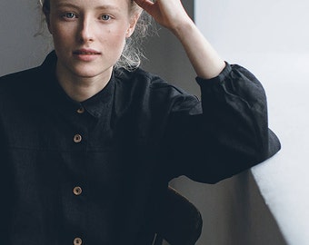 Camisa negra Lyn - Camisa de lino oversize - Camisa de lino - Camisa de hombros caídos - Ropa de lino lavado