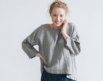 Harper grey stripes tunic - Drop shoulder blouse - Linen blouse - Linen tunic - Linen shirt - Linen top - Loose linen blouse