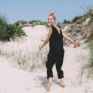 Hai black jumpsuit Linen jumpsuit Loose linen Jumpsuit Linen overall Linen women romper Linen clothes Black jumpsuit image 1