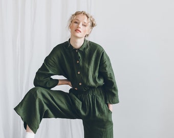 Work forest green jumpsuit - Linen jumpsuit - Loose linen Jumpsuit - Linen overall - Linen women romper - Linen clothes