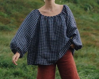 Oversized Dark Blue Checkered Linen Blouse - Matilda - Relaxed Fit Tunic Top - Long Sleeved Top - Checked Linen Top -Woman's Oversized Top